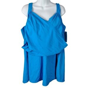 Swimsuits For All Blue Crossover Draped Tankini Swim Top Size 32 modest beach